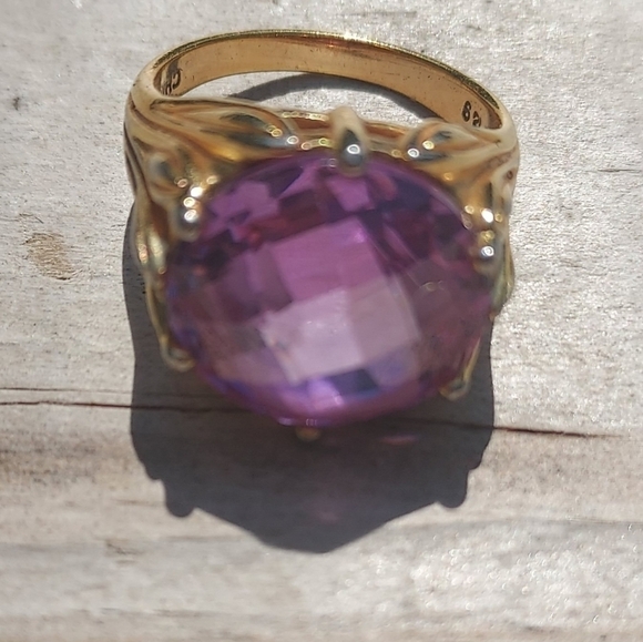 Fancy Cut Amethyst Gold Tone Over Sterling Silver 925 Size 9 - Picture 1 of 4